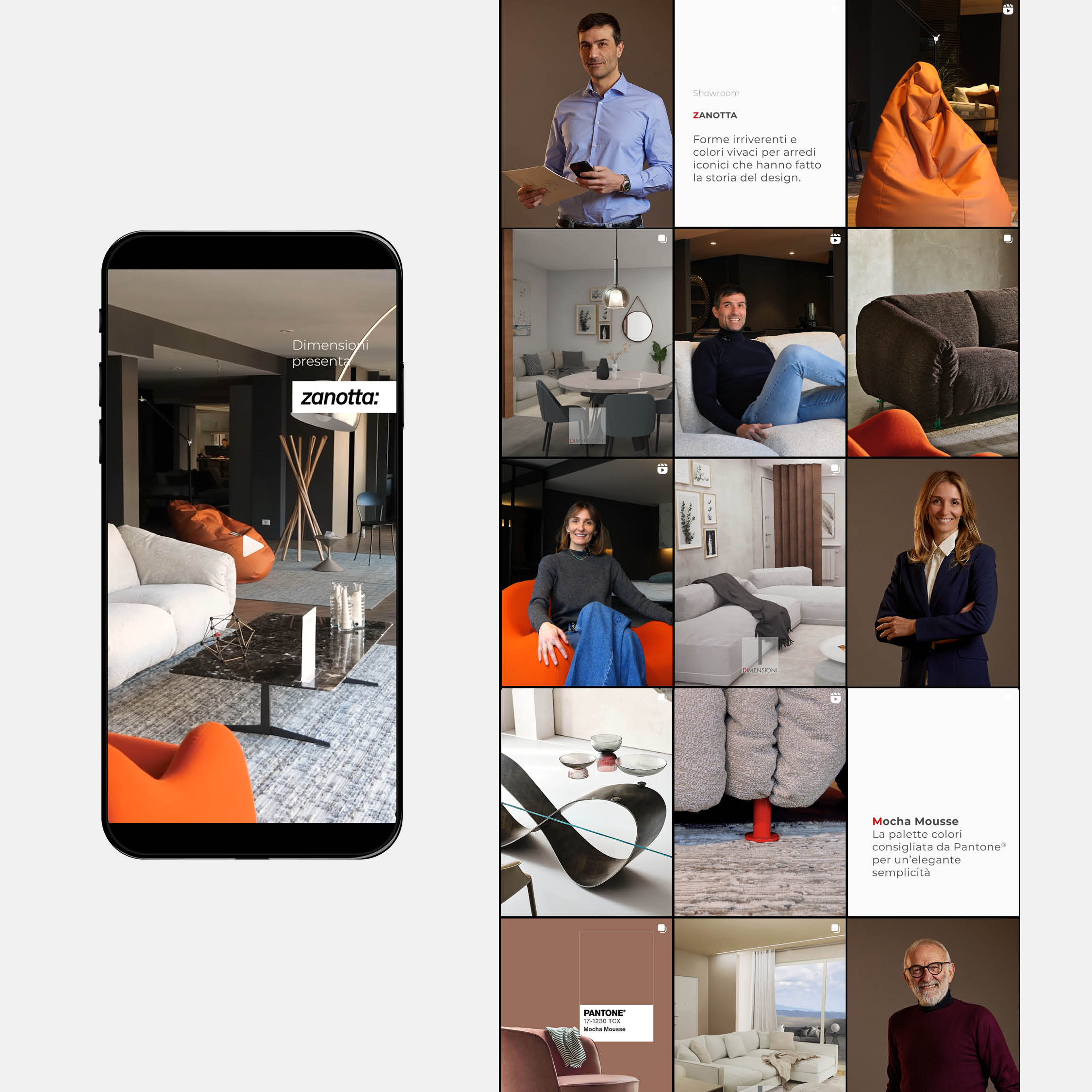 Feed di instagram di Dimensioni Arredamenti, con mockup del telefono
