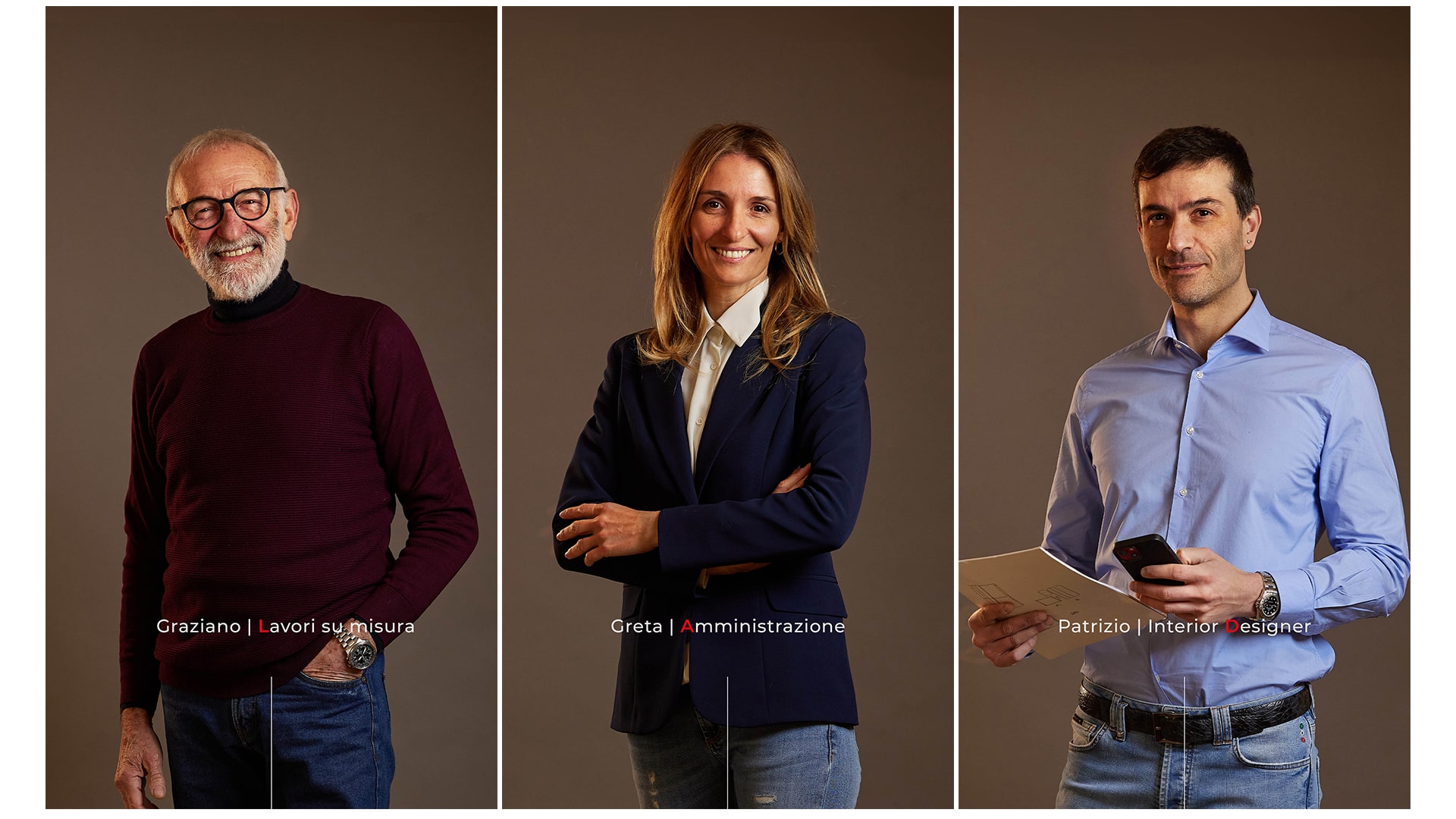 Tre immagini ritratto di Graziano Grotti, Greta Crotti e Patrizio Crotti